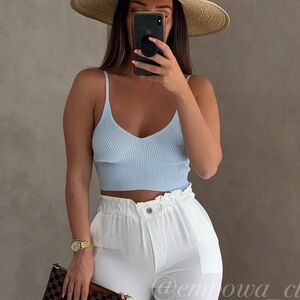 Blue Sleeveless Fitted Crop Camisole